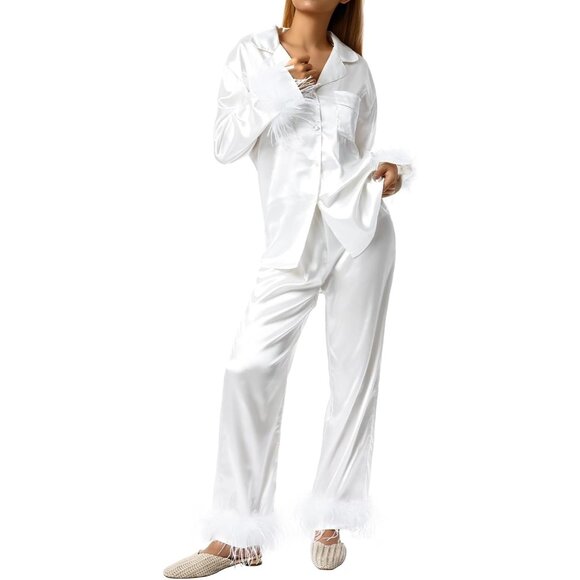 Chic Women's Silk Pajama Set with Feather Trim & Loose-Fit Pants - White XL